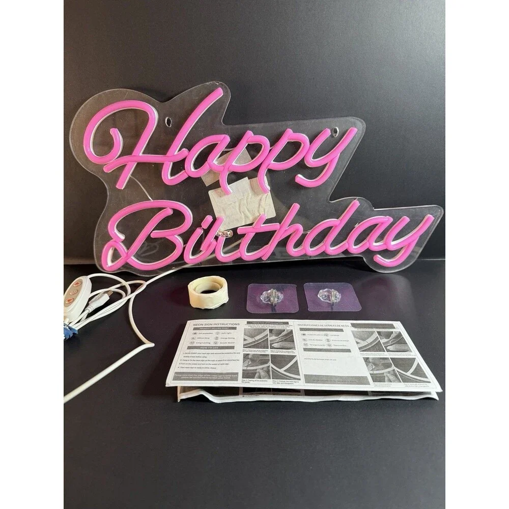 New/ Open Box Neon Pink “Happy Birthday” USB Light-up Sign by Neona Wall TESTED